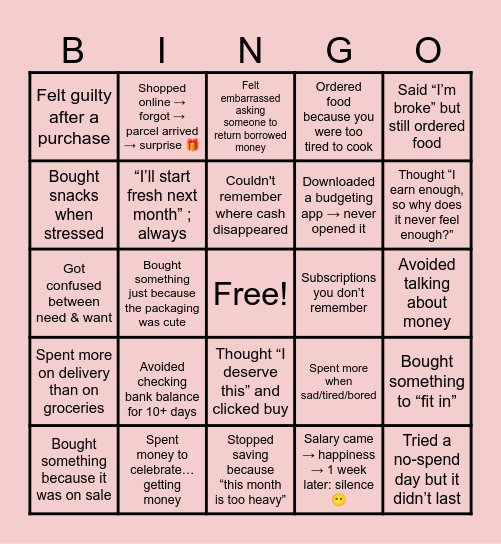 Financial Wellbeing Bingo Card