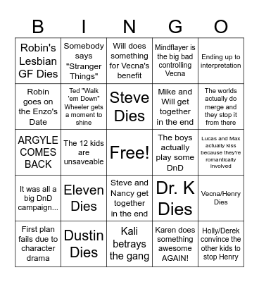 Stranger Things Final Episode Bingo Cards Bingo Card