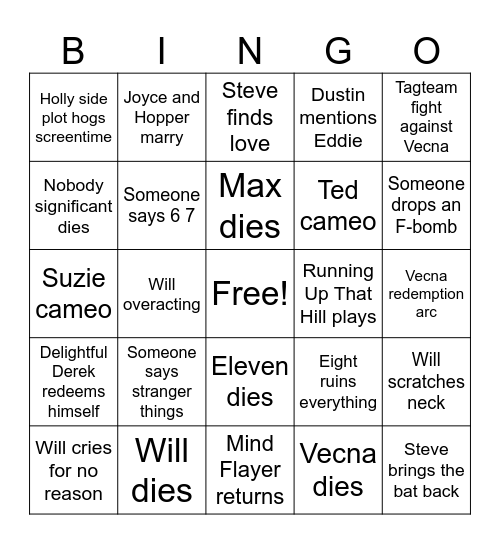 Stranger Things Finale Bingo Card