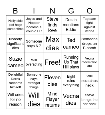 Stranger Things Finale Bingo Card