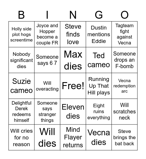 Stranger Things Finale Bingo Card