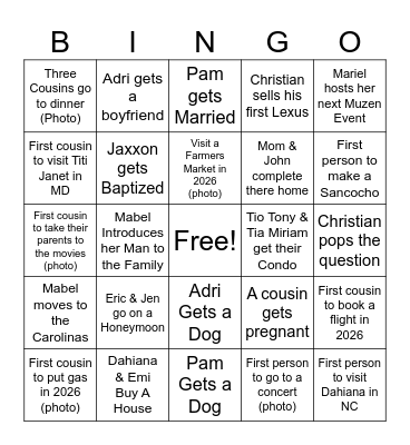 Cousins Bingo 2026 Bingo Card
