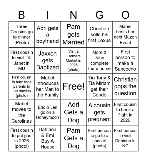 Cousins Bingo 2026 Bingo Card