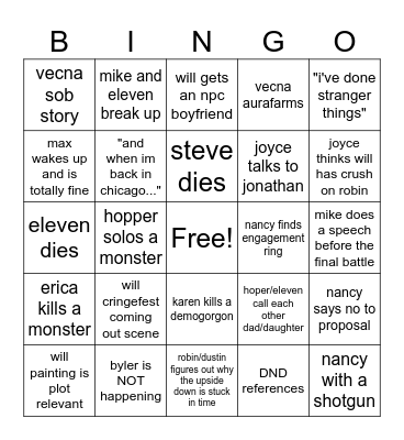 Stranger Things Finale Bingo Card