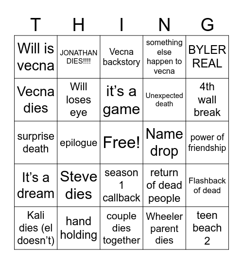 Stranger Things Bingo Card
