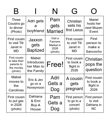 Cousins Bingo 2026 Bingo Card