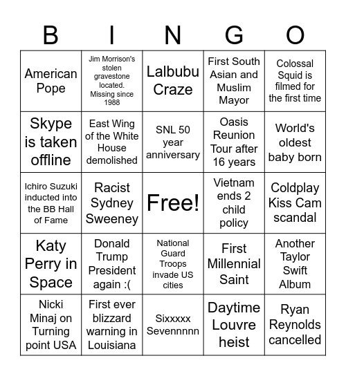 2025 Bingo Recap Bingo Card