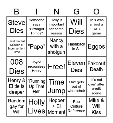 Stranger Things Finale Bingo Card