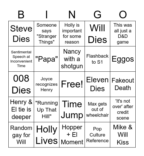 Stranger Things Finale Bingo Card