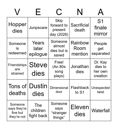 Stranger Things Finale Bingo Card