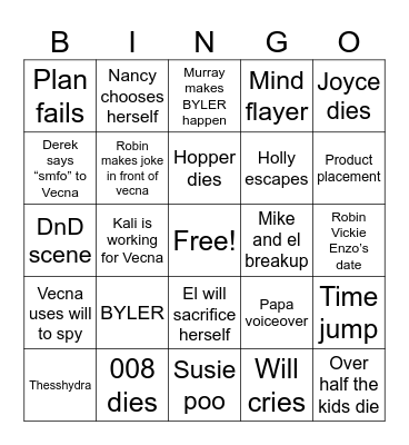 Stranger things finale Bingo Card