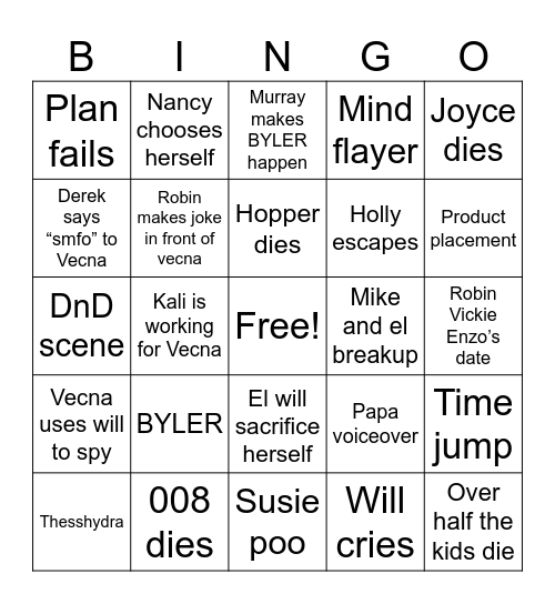 Stranger things finale Bingo Card