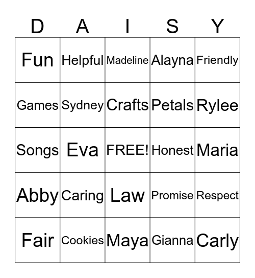 Daisy Bingo Card