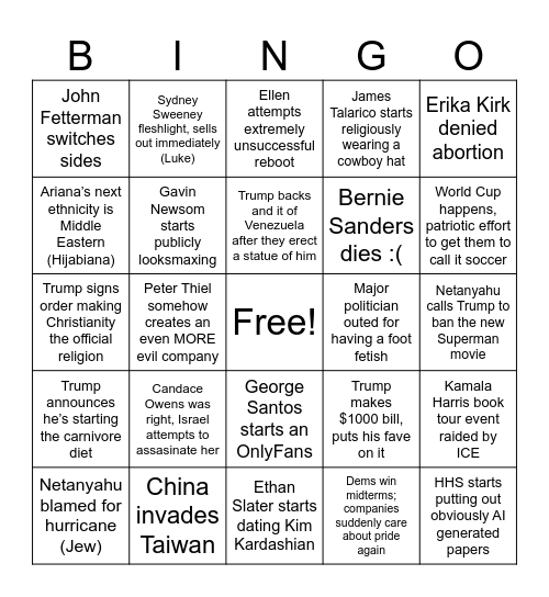 2026 Bingo Card Bingo Card