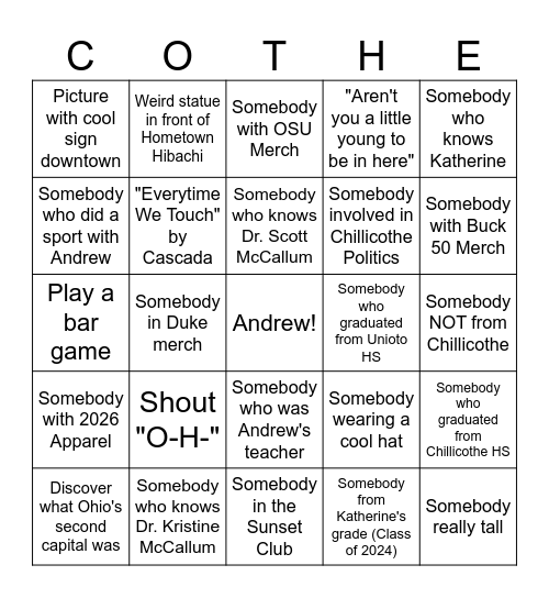 Chillicothe NYE 2025 Bingo Card