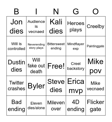 Stranger Things Bingo Card