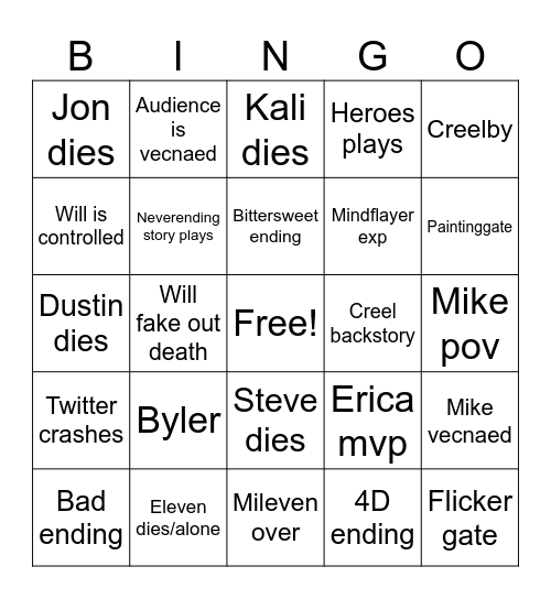 Stranger Things Bingo Card