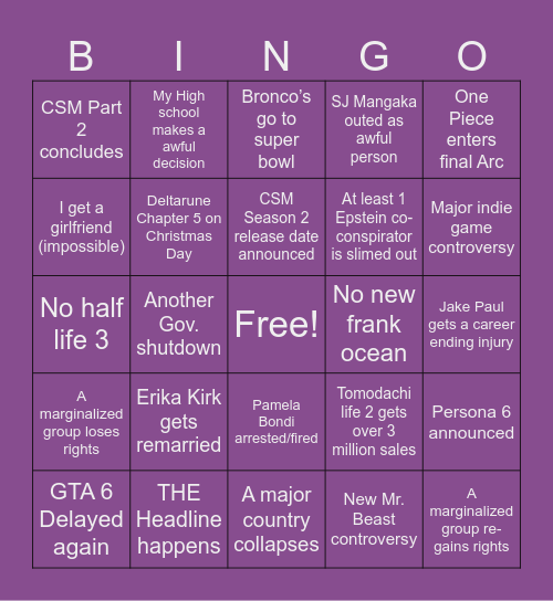 Krystal 2026 Predictions Bingo Card