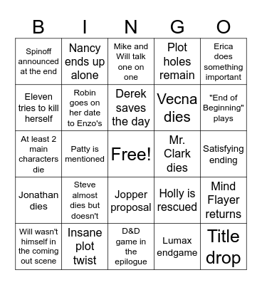 Stranger Things Finale Bingo Card