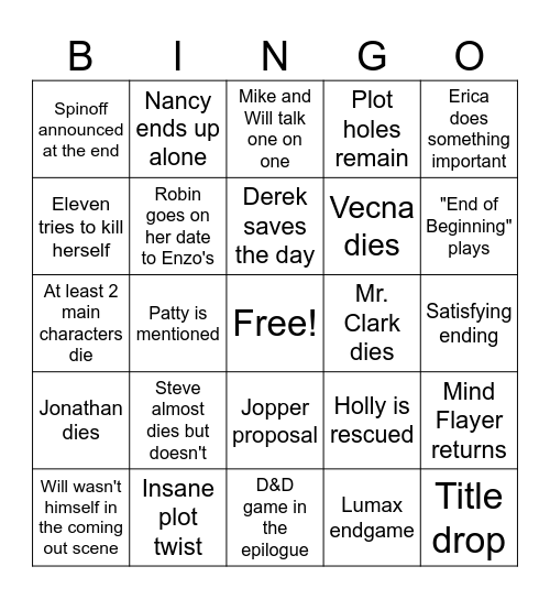 Stranger Things Finale Bingo Card