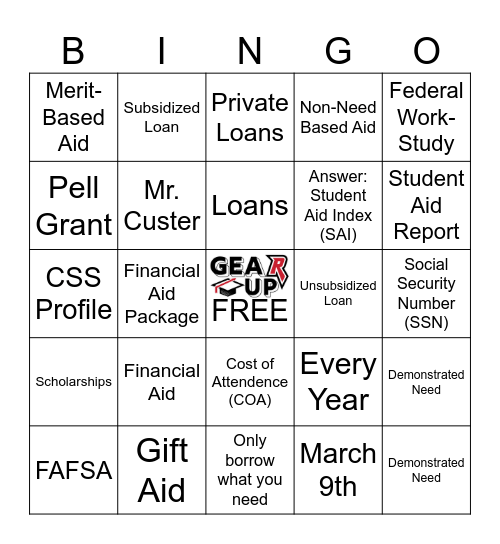 Financial Aid Huddle Bingo Card