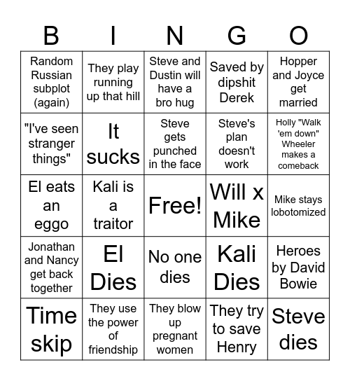 Stranger Things Finale Bingo Card