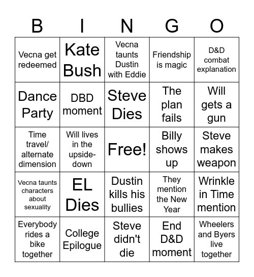 Stranger Things Series Finale Bingo Card