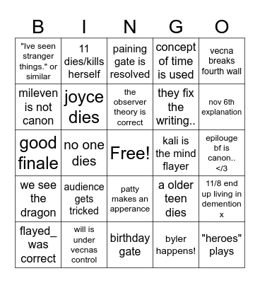 Stranger Things Finale Predictions Bingo Card