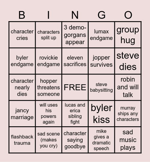 STRANGER THINGS BINGO Card