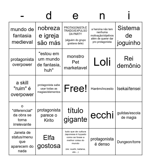 Bingo de anime de fantasia genérico Bingo Card