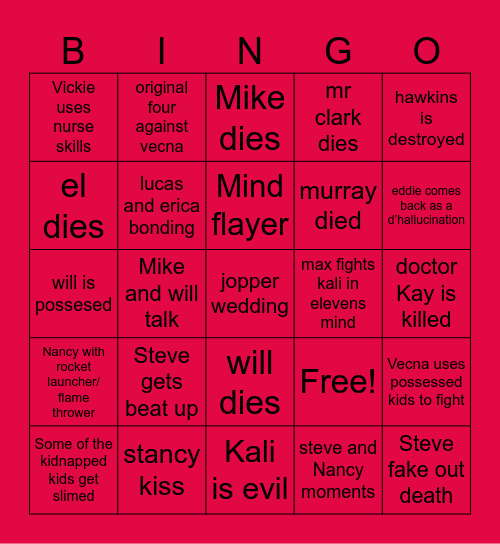 Stranger Things Finale Bingo Card