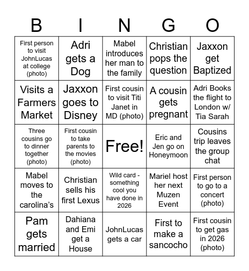Cousin's Bingo Card