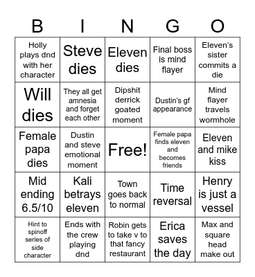 stranger things Bingo Card