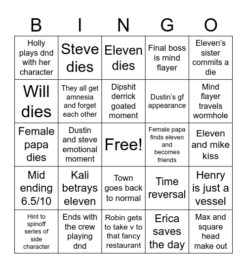 stranger things Bingo Card