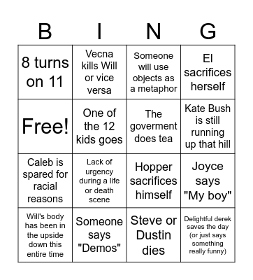 Stranger Things Finale Bingo Card
