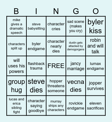 STRANGER THINGS BINGO Card