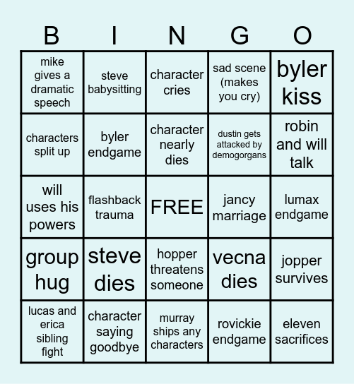 STRANGER THINGS BINGO Card