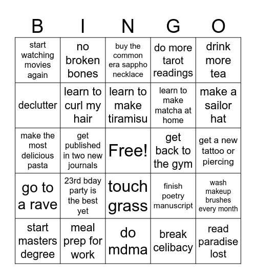 my 2026 goals Bingo Card