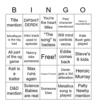 Stranger Things Finale Bingo Card