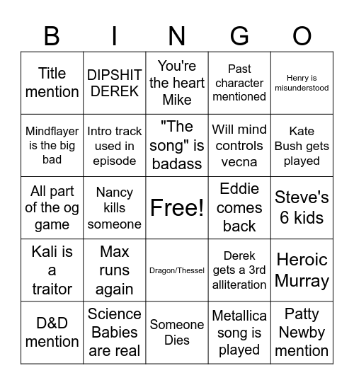 Stranger Things Finale Bingo Card