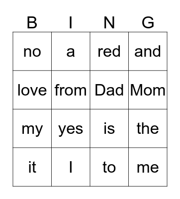 Sight words 1 Bingo Card