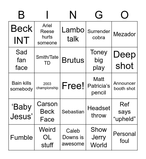 Cotton Bowl Bingo Card