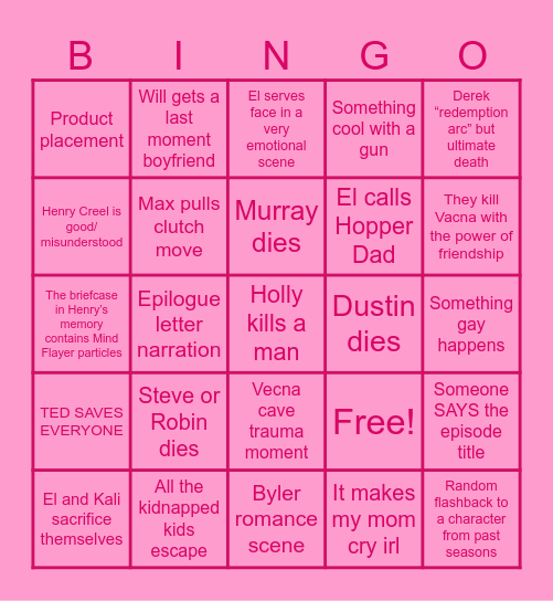 Stranger Things Finale Predictions Bingo Card