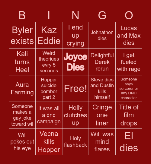 Stranger Things Bingo Card