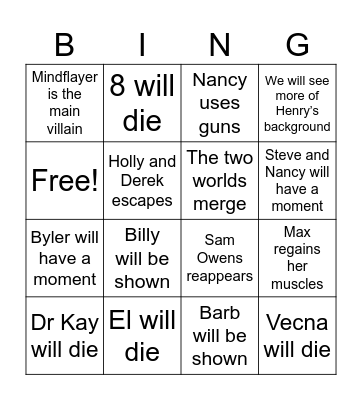 stranger things Bingo Card