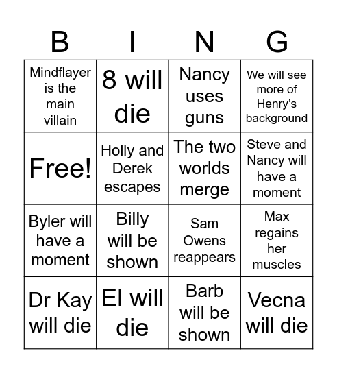 stranger things Bingo Card