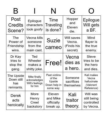 Stranger Things Finale Bingo Card