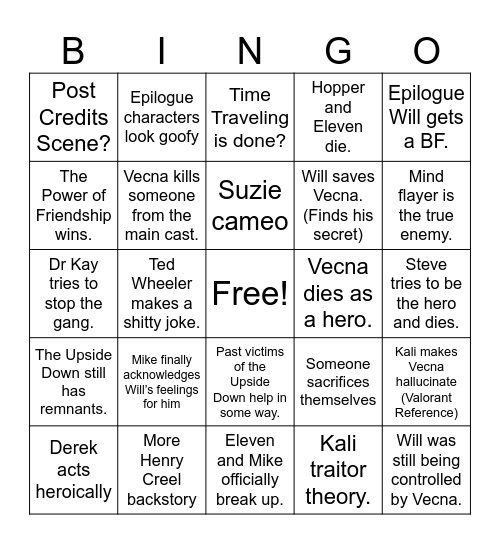 Stranger Things Finale Bingo Card