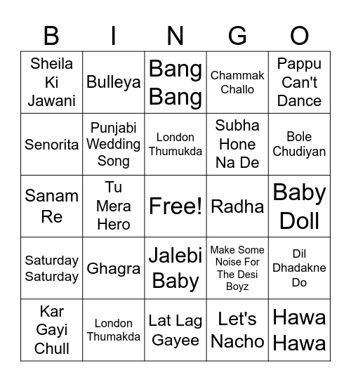 Bollywood Musical Bingo Card