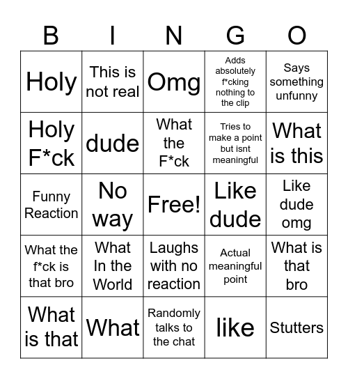 Redshell Reaction Phrases Bingo Card